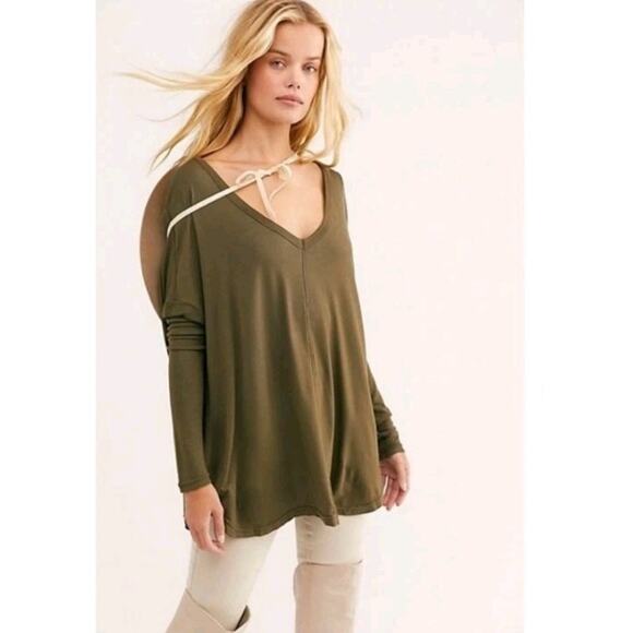 Free People Womens Oversized XS Top Tunic Olive GREEN Stretch Off Shoulder - Picture 13 of 13